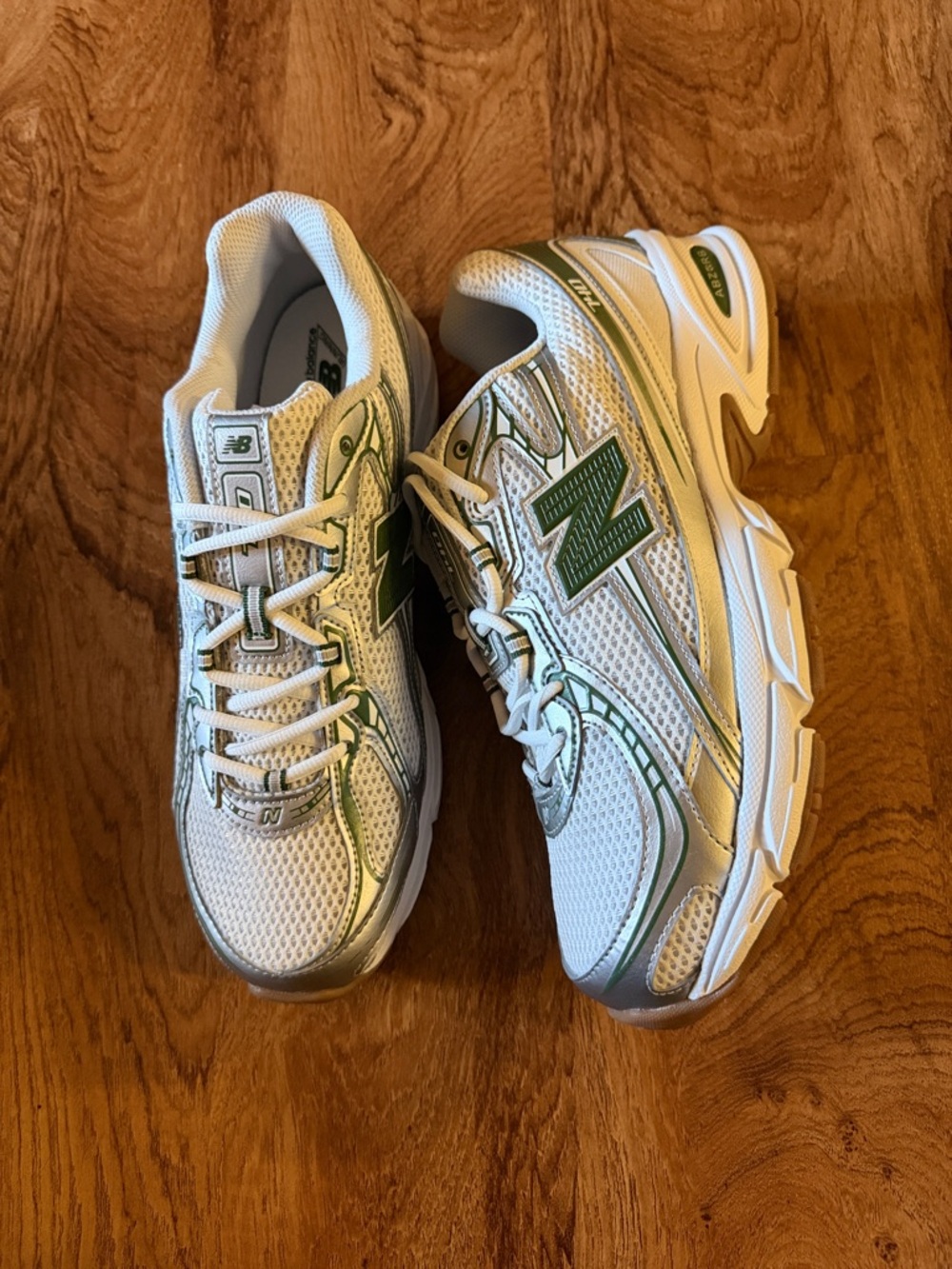 New Balance White and Green Athletic Sneakers